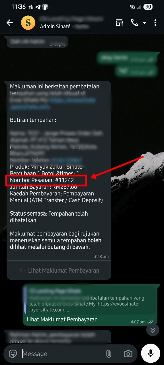 Panduan mendapatkan Nombor Order Website daripada admin Sihaté